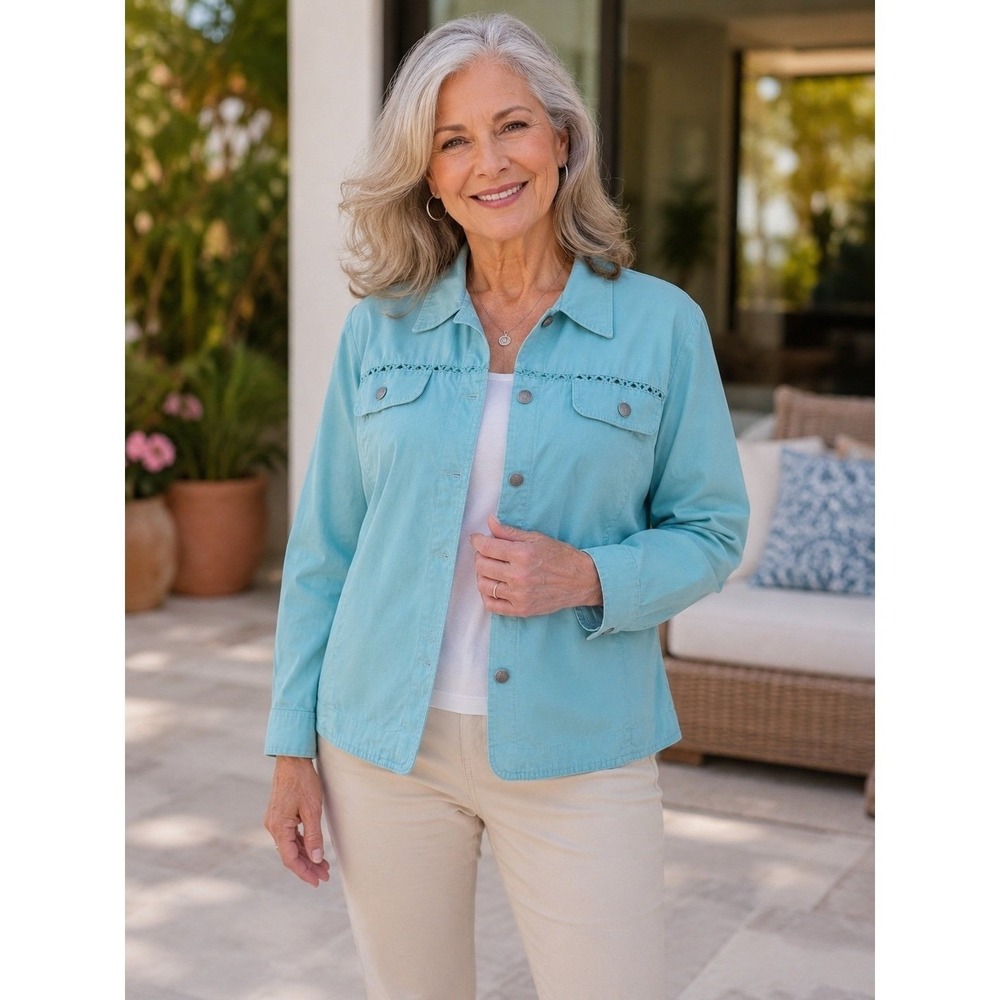 Alfred Dunner Petite 16P Aqua Cotton Button Front Jacket Shirt Top